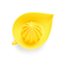 Plastic yellow juicer isolated on white background, closeup