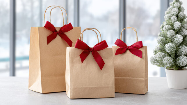Brown gift bags with red bows are arranged on a table next to a small evergreen tree decorated with snow, creating a festive winter atmosphere