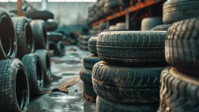 A Piles of car tires in factory storage area, Generative AI Videos.