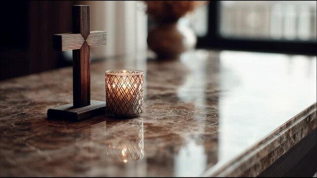 Sacred Reflection: A dimly lit scene features a small wooden cross standing vigilantly beside a softly glowing candle, creating an atmosphere of quiet introspection. 