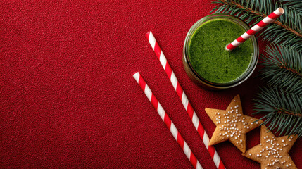 A refreshing green smoothie in a jar with a red and white striped straw, surrounded by gingerbread cookies and pine branches on a vibrant red background