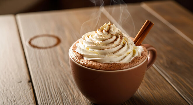 Steaming hot chocolate in a brown mug topped with whipped cream and a cinnamon stick on a rustic wooden table.