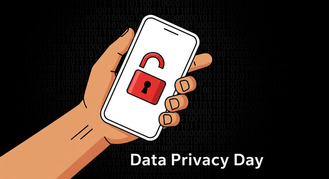 A digital illustration depicting Data Privacy Day. The main subject is a hand, rendered in a simple, cartoonish style with tan skin, holding a smartphone - Powered by Adobe