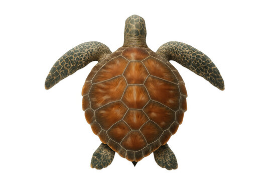 Sea turtle swimming, showing patterns of its brown and green shell from a top view. Isolated on a transparent background