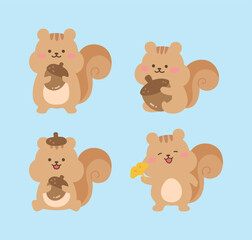 A set of adorable, cute squirrel illustrations holding acorns and ginkgo leaves. Perfect for autumn, forest-themed designs, and ideal for children's books, greeting cards, and educational projects.
