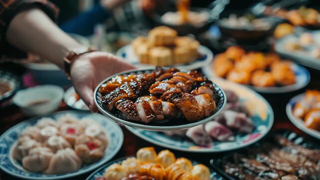 Close-up shot of a hand holding a plate of braised pork with abalone, and some dishes in the background, Generative AI Videos.
