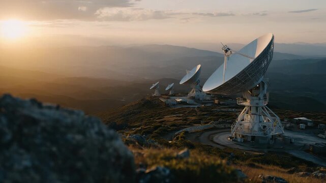 321Hilltop scene with satellite dishes aimed at horizon, close-up of structural details, warm sunlight casting shadows, communication technology concept outdoors