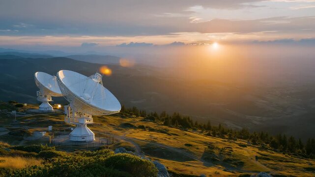 326Satellite communication setup with dual dishes on hilltop, close-up view, sun low on horizon casting long shadows, rolling hills in the distance