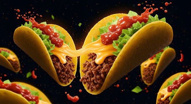 Delicious tacos with dripping cheese and vibrant toppings creating a hunger appeal