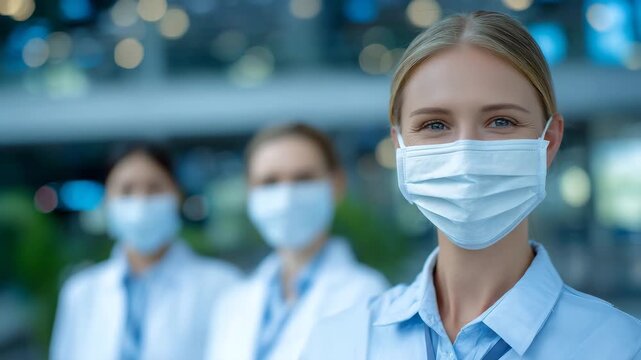 333Side view of three women wearing protective white masks and uniforms, standing in perfect alignment, modern clinical environment in soft focus