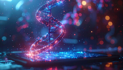 Genetic Data: A visualization of a DNA strand emerging from a digital tablet, symbolizing the convergence of science and technology in unraveling the secrets of life.