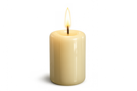 Pillar candle with a burning flame, providing light and warmth. Transparent background makes it versatile for design