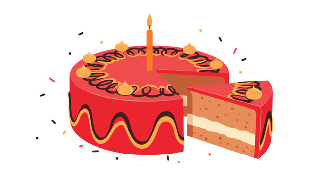 A delicious red birthday cake with a lit candle and a slice cut out on a white background with confetti.
