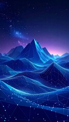 Digitized mountain range under a starry, gradient-filled night sky