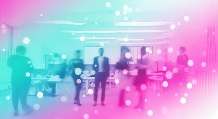 Abstract Modern Business Meeting with People in a Bright Office Setting with Colorful Gradient Overlay and Bokeh Effects