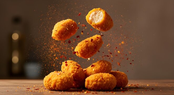 Crispy chicken nuggets flying through the air with red pepper flakes exploding around them.