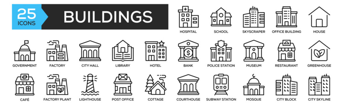 Buildings icon collection set. Containing design Hospital, School, Skyscraper, Office Building, House