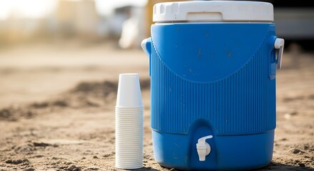 Blue water cooler and disposable cups on sandy ground hydration outdoor desert picnic event construction summer heat