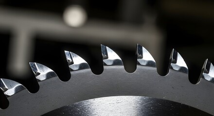 Close up sharp metal circular saw blade teeth industrial tool woodworking cutting danger power workshop construction factory