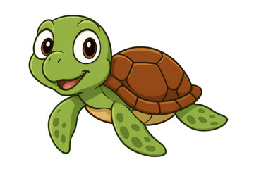 Obraz premium Cute cartoon sea turtle with a big smile, swimming forward. Green body, brown shell. Transparent background