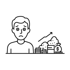 Worried man looking at financial growth and money bag icon.