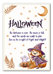 Watercolor frame with “Halloween” lettering, a cute witch, ghosts, pumpkins, and a glowing moon in a whimsical style. Perfect for Halloween cards, posters, and party invitations.