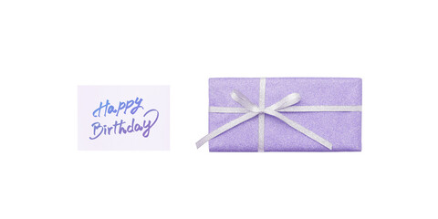 An overhead view of a pale purple gift box and a birthday card with blue-to-purple handwritten lettering