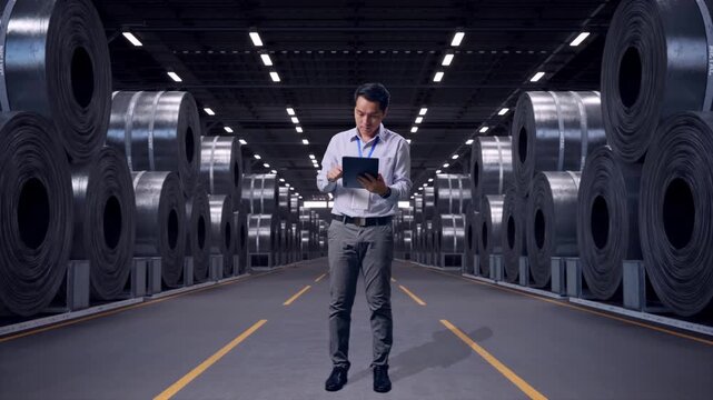 Full Body Side View Of An Asian Male Professional Worker Standing With His Tablet with Stacks of Huge Metal Steel Coils in Warehouse, Typing On His Tablet'S Keybaord With Meditation