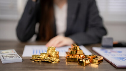 Adult Woman Investor Analyzing Gold Assets Market Trends Financial Growth Strategy Wealth Management Office Environment