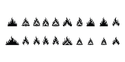 Collection of Black Fire and Flame Icons in Various Shapes and Styles on White Background