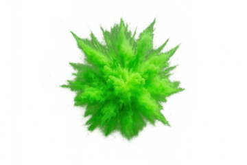 Green powder explosion cloud bursting with vibrant color, abstract smoke and dust effect on transparent background