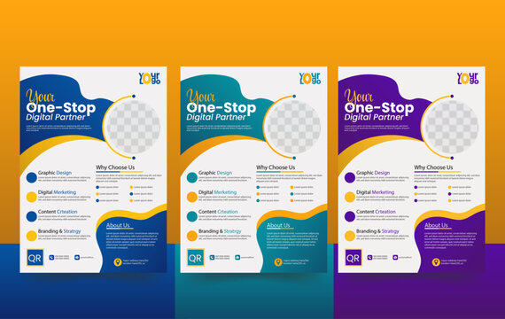 Set of  modern flyer design template with 3 colors variations in white background. Space for photo with vertical layout use A4 size. 