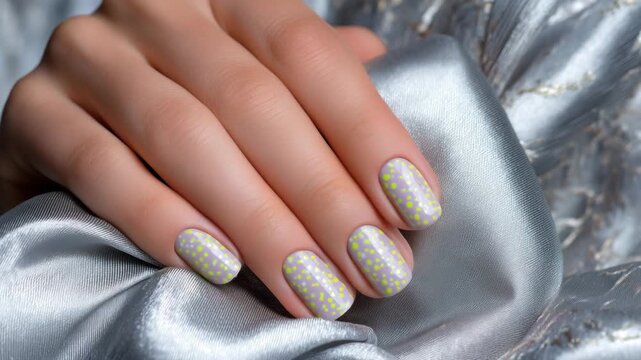 Close-up of feminine hand resting on satin fabric, matte nails in soft gray with neon accent patterns, high-fashion elegance conveyed