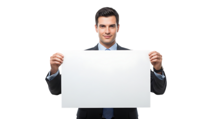 Businessman holding a blank white sign isolated on transparent background