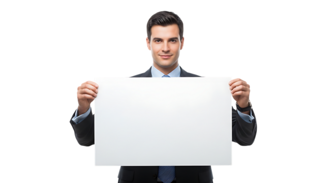 Businessman holding a blank white sign isolated on transparent background