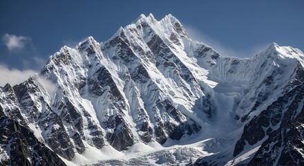 Magnificent snow capped mountain peaks under a clear blue sky in the Himalayas providing a breathtaking vista for climbers and nature enthusiasts