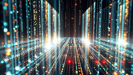 Fiber optic cables illuminate the night city skyline, creating a speed-of-light impression across the urban landscape