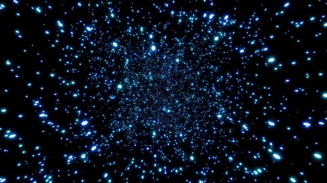 Parallax effect of glowing blue particles rotating seamlessly against a black background 3d render. Looping abstract rotating particle overlay for greetings, holidays, weddings, awards or Christmas