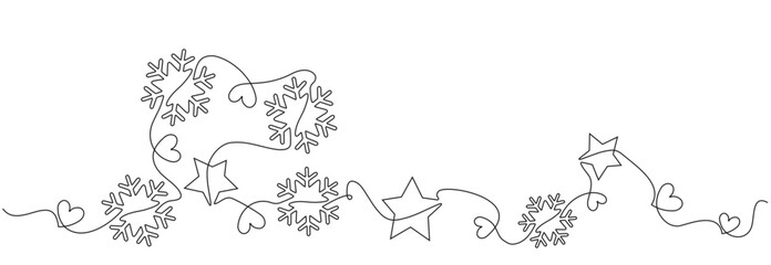Line art style vector illustration of snowflakes and Christmas baubles for greeting barner and more