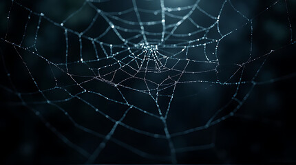 Intricate spiderweb illuminated by dew drops glistening in the darkness with a soft focus background