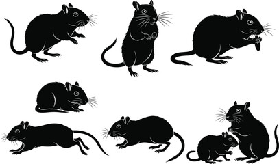 Flat vector illustration of cute gerbils in various poses, sitting, standing, running, eating, sleeping, and cuddling
