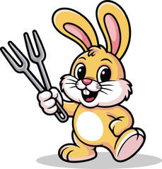 Rabbit Cute Cartoon Holding Spoons and Standing — Adorable Bunny Character Illustration Isolated on White Background for Kids, Food, and Cooking Concept.