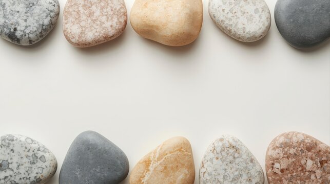 An overhead shot shows a serene arrangement of smooth, colorful beach pebbles borde a creamy background for a natural, calming effect.