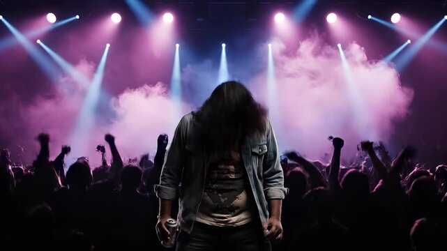 Lead singer performs on stage. Live rock vocalist grips microphone during concert performance. Crowd cheers under colorful lighting and smoke. Music energy fills concert. Spotlight frames singer.