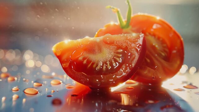 Cut tomato, rich juice, red, bright light, white table, asia style, Generative AI Videos.