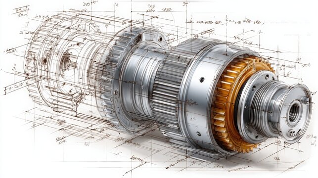 Assembly drawing of shaft of electrical reducer. Vector design of steel mechanical device with dimension lines. Engineering technic computer cad scheme on paper sheet. Hand drawn.