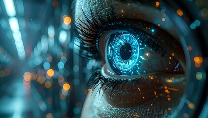 Close-up of a futuristic human eye with glowing blue circuitry, symbolizing advanced technology and artificial intelligence