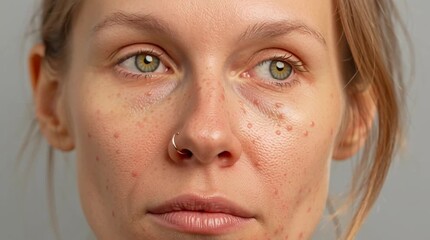 Close-up portrait of a woman with freckles and natural skin imperfections, symbolizing authenticity, real beauty, and self-acceptance.