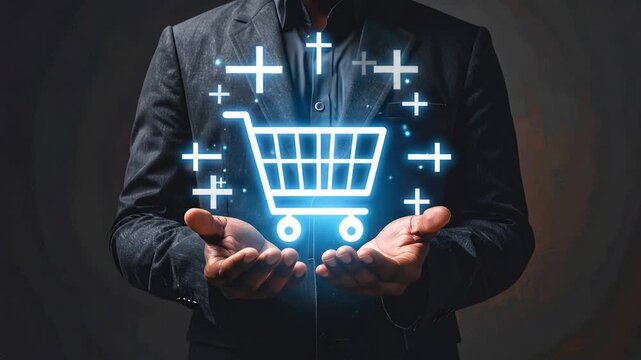 A man presenting a digital shopping cart with glowing plus signs