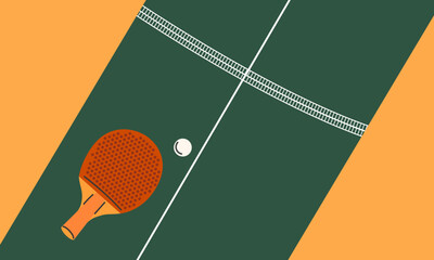 Ping pong poster. Tennis table with racket and ball on it. Top view. Table tennis, ping pong. Sports illustration.